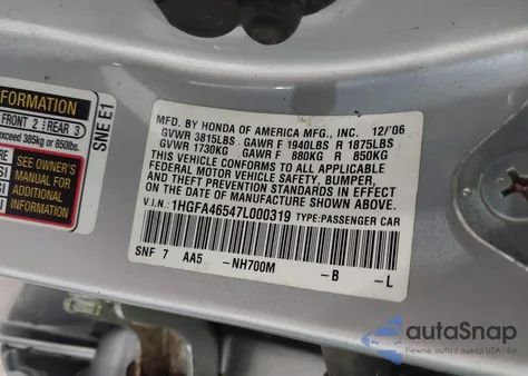 2007 Honda Civic Gx from USA, damaged, VIN 1HGFA46547L000319